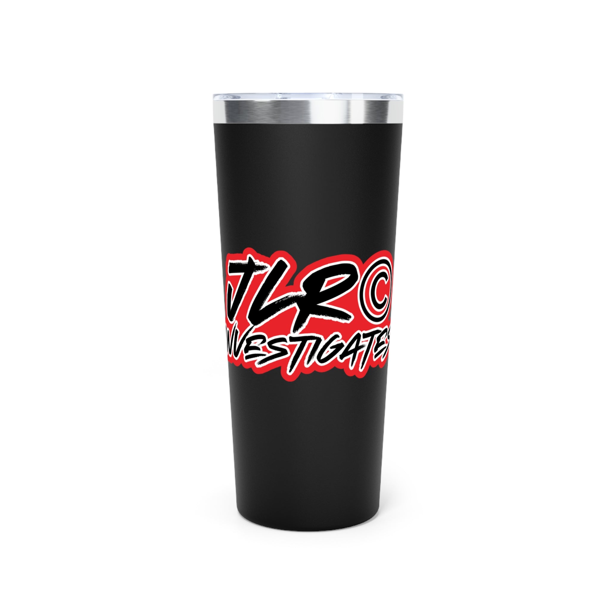 JLR© Black Bold Logo insulated thermos — keeps coffee hot — branded drinkware — JLR Investigates
