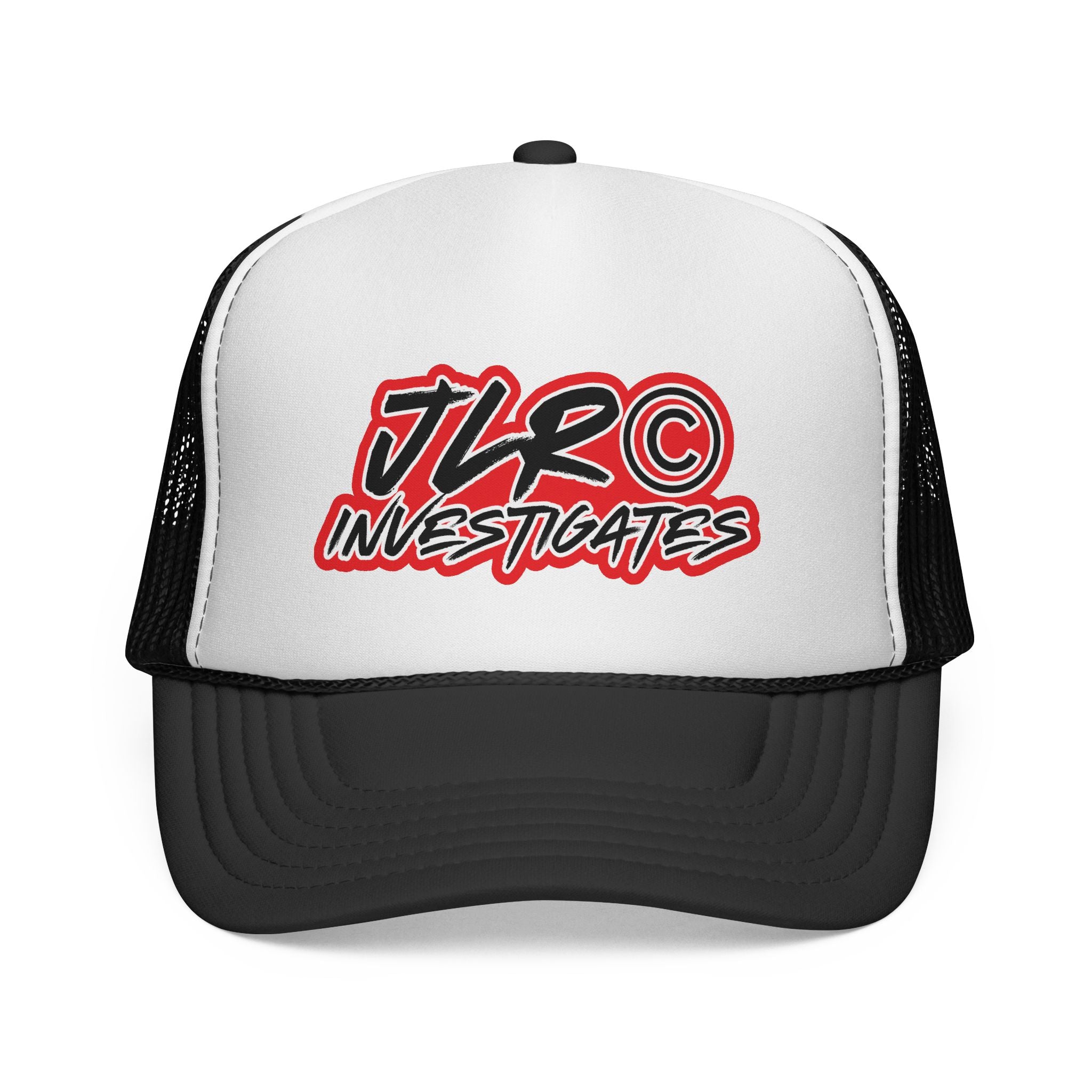 Trucker Cap — "JLR© Investigates" Retro Mesh Hat (Red, White & Blue)