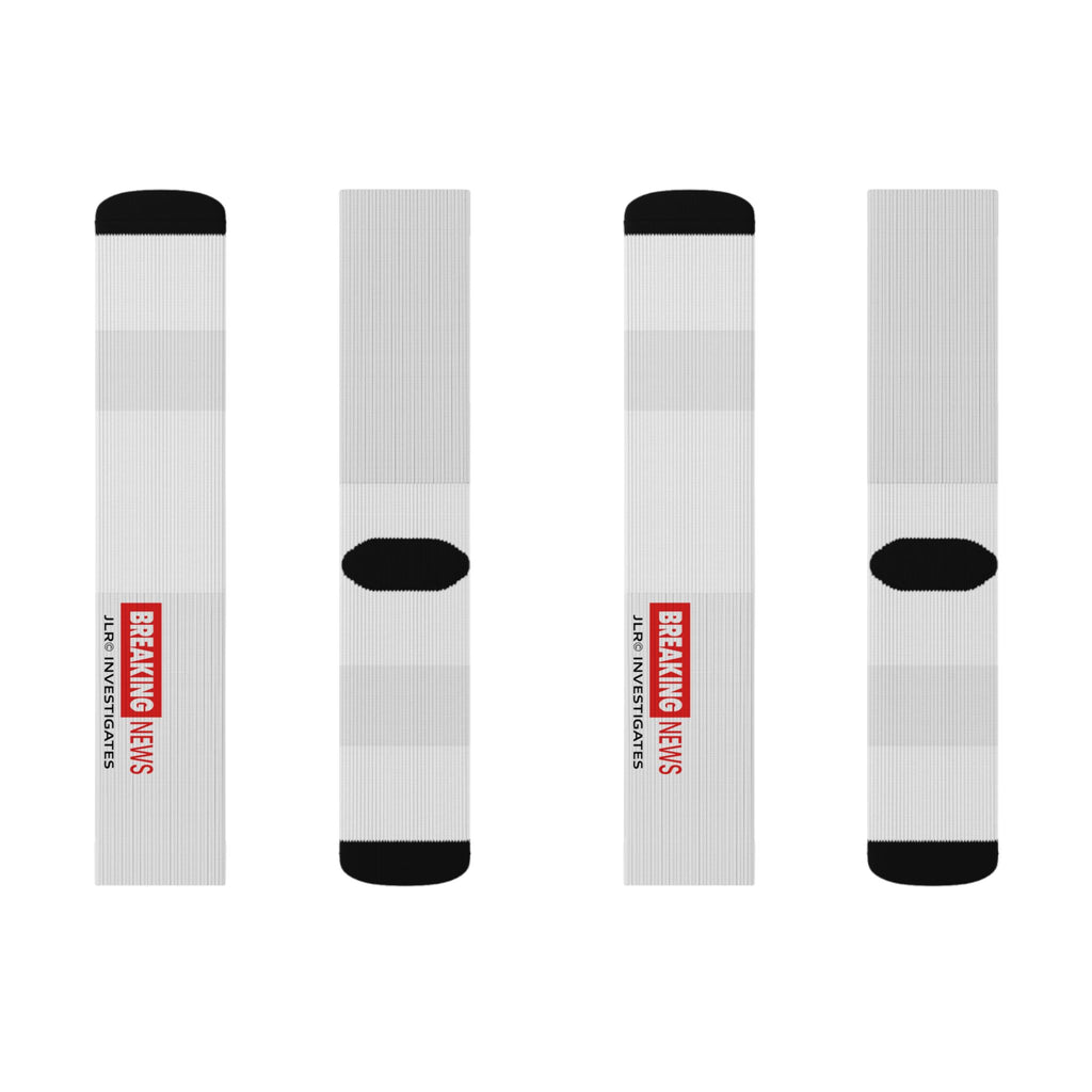 Breaking News Sublimation Socks — Novelty Crew Socks with "BREAKING NEWS: JLR© Investigates" Design