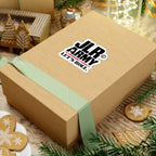 3 × 3 inch JLR© Army “LET’S ROLL.” vinyl sticker on a kraft gift box with green ribbon.