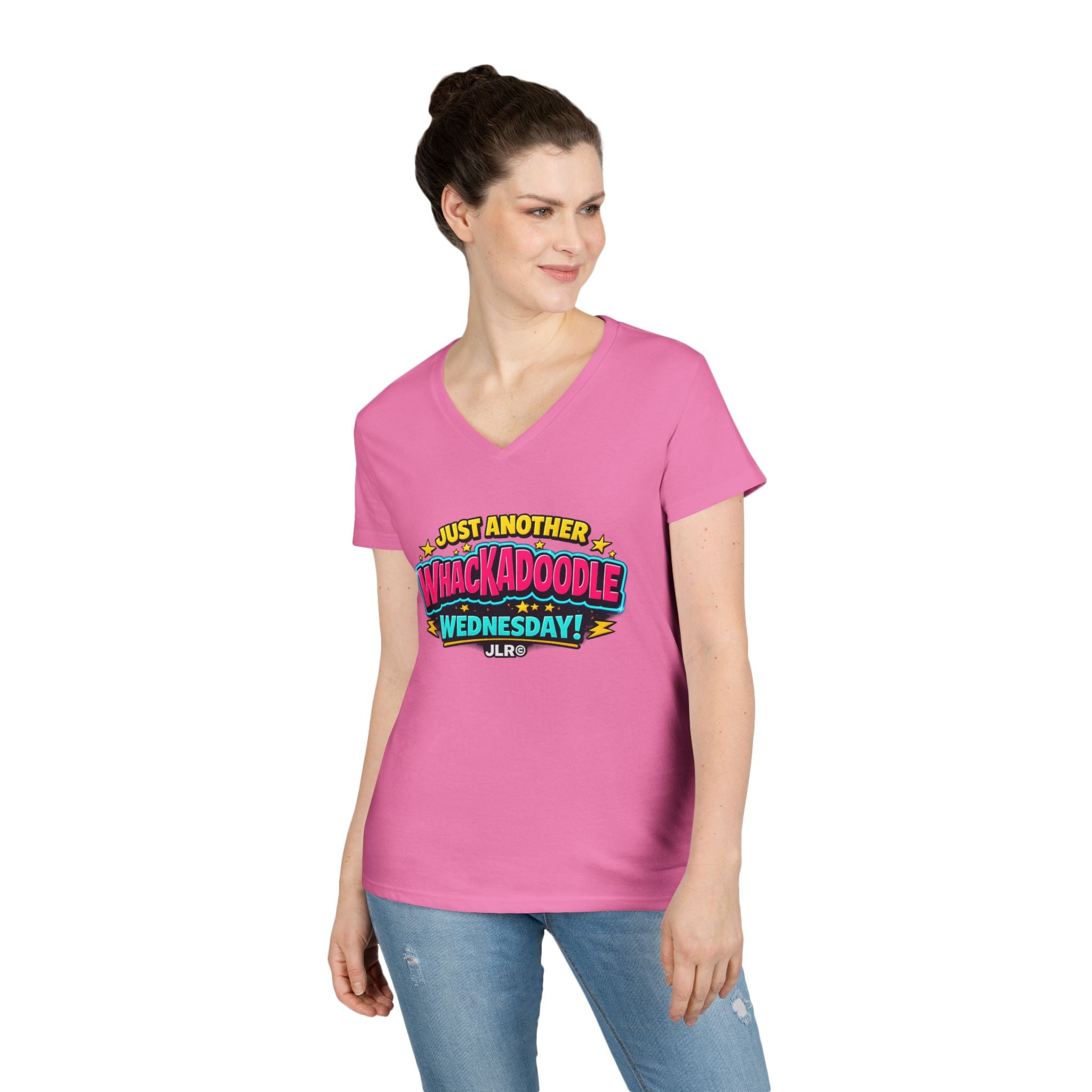 Woman wearing Whackadoodle Wednesday V-Neck T-Shirt in Light Pink – JLR© Investigates