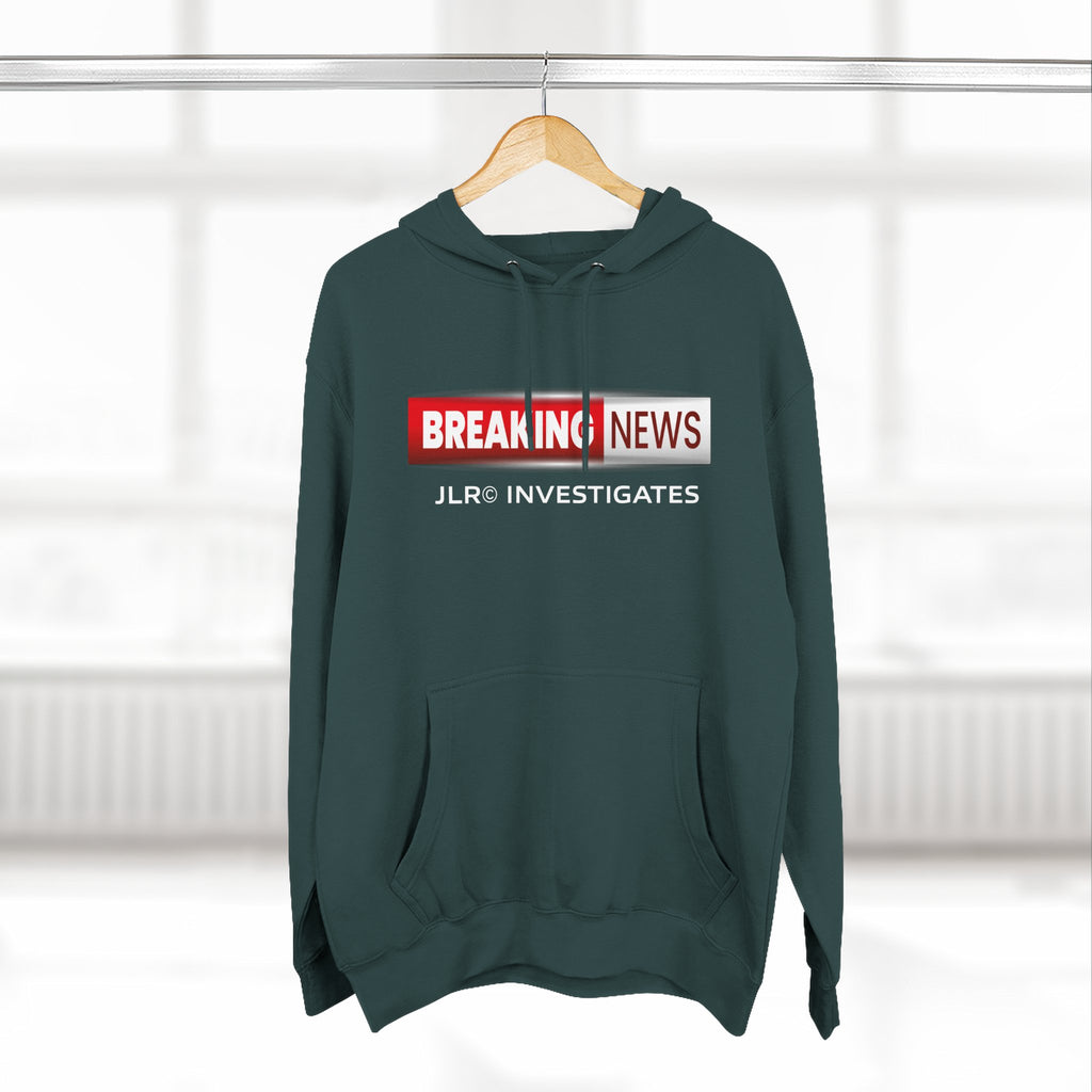 Breaking News Hoodie — "JLR© Investigates" Graphic Pullover