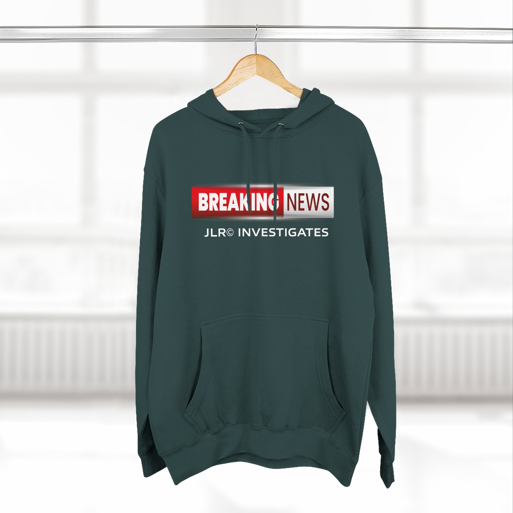Breaking News Hoodie — "JLR© Investigates" Graphic Pullover