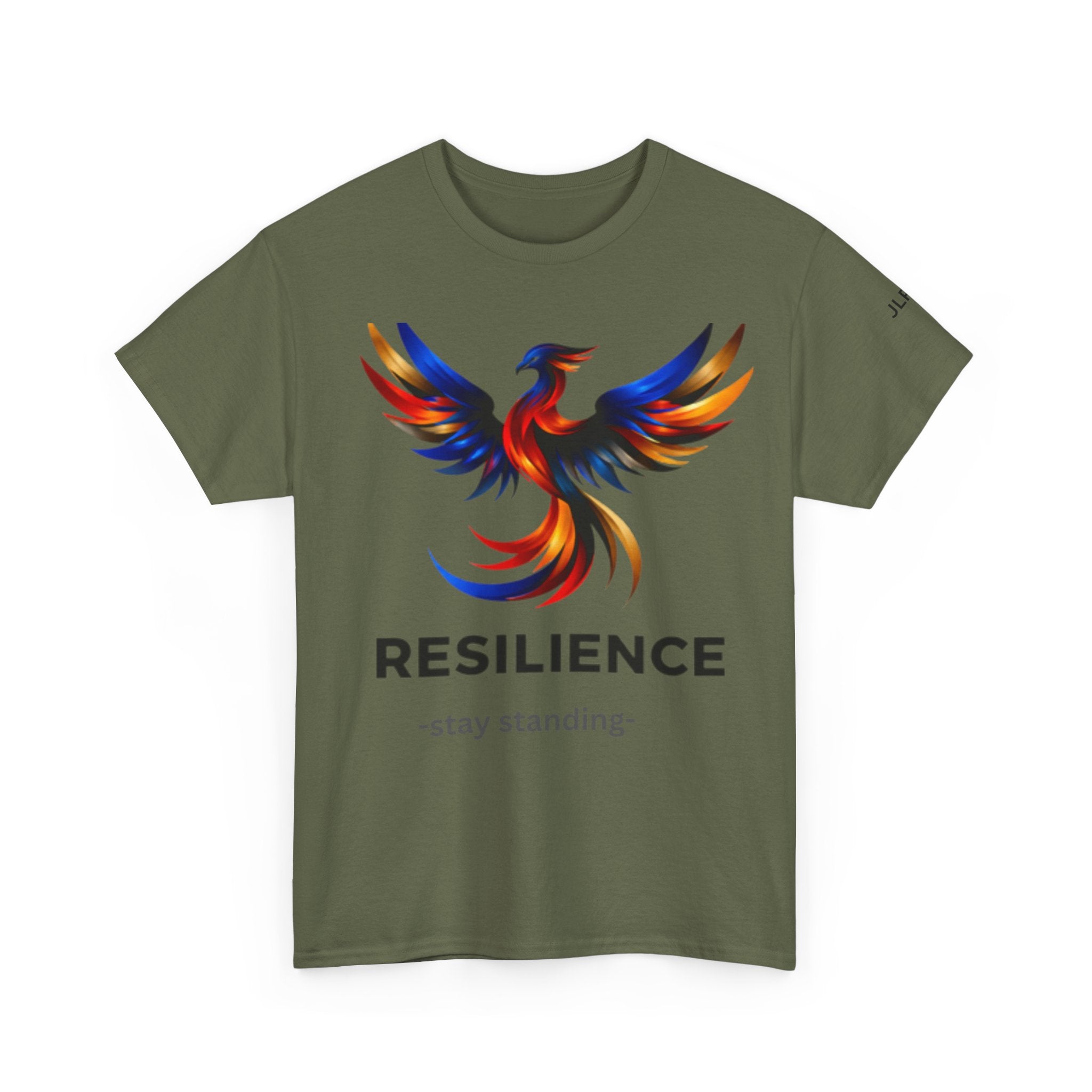 Green unisex t-shirt featuring a bold multicolor phoenix rising graphic with the word RESILIENCE and tagline 'Stay Standing' — JLR Investigates apparel