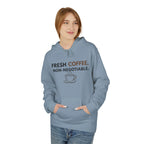 Fresh Coffee Hoodie – JLR© Investigates, stone blue, worn by model, front view