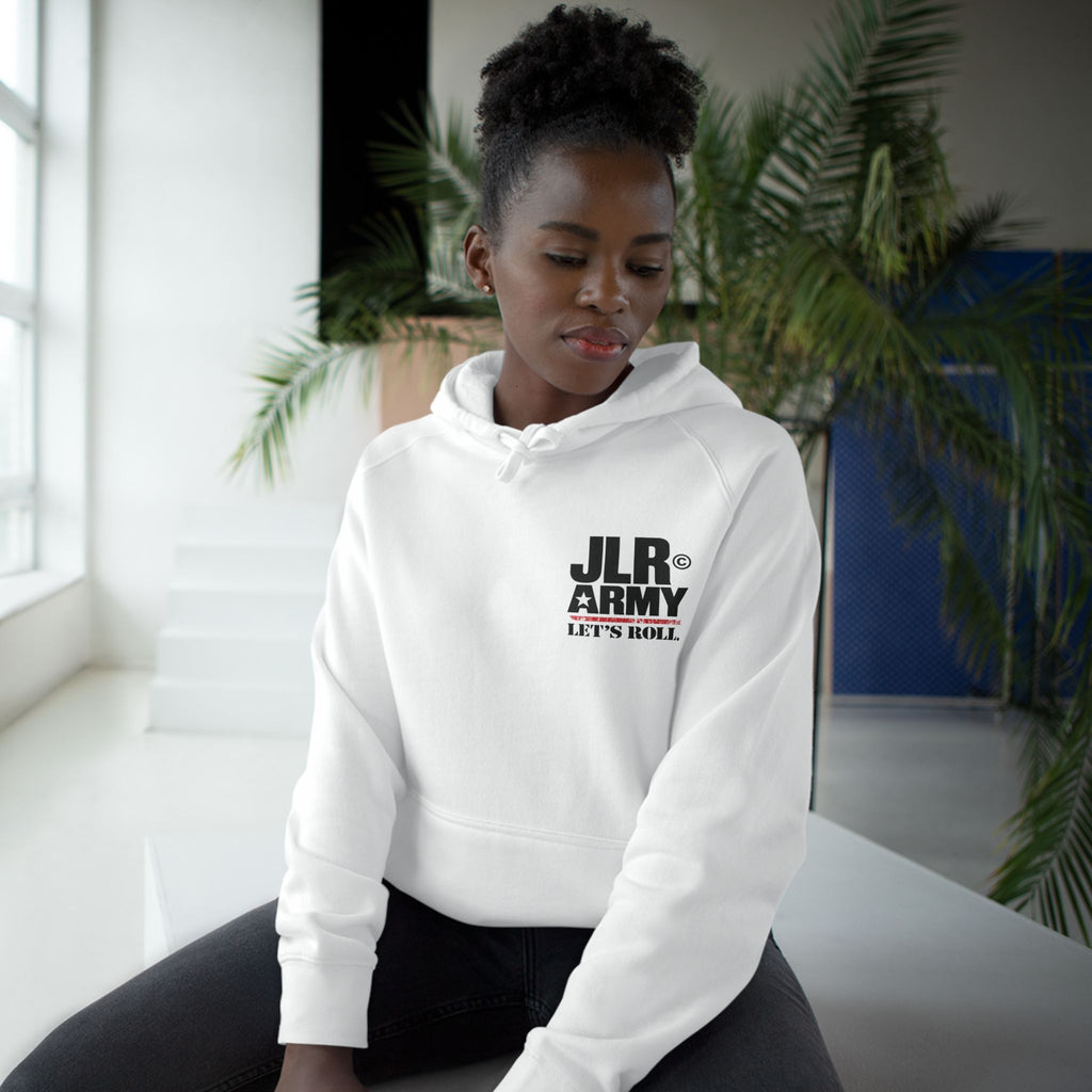 Model wearing the white JLR© Army “Let’s Roll” hoodie, front view