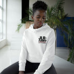 Model wearing the white JLR© Army “Let’s Roll” hoodie, front view