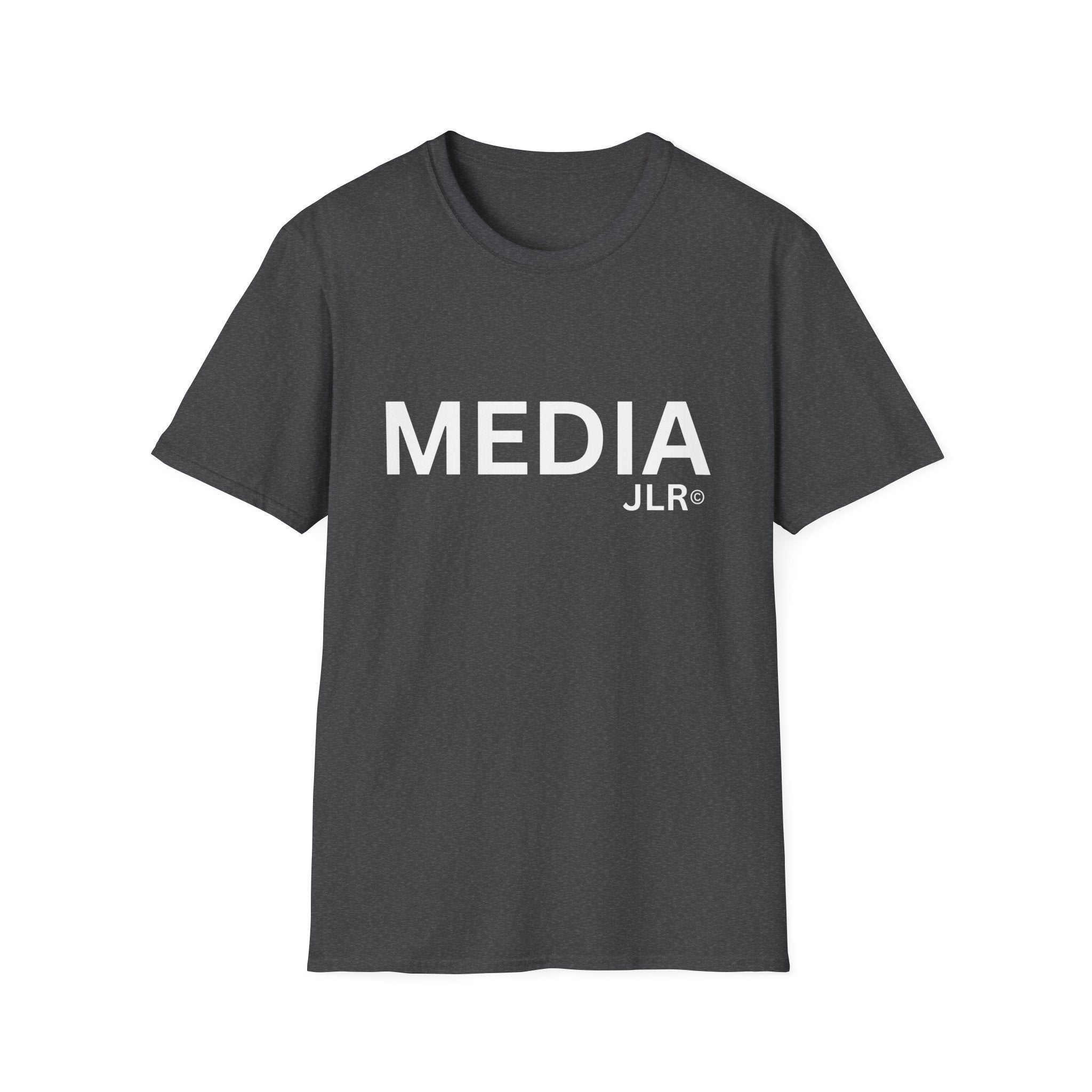 Grey unisex t-shirt with bold white text reading 'MEDIA JLR' — JLR Investigates apparel
