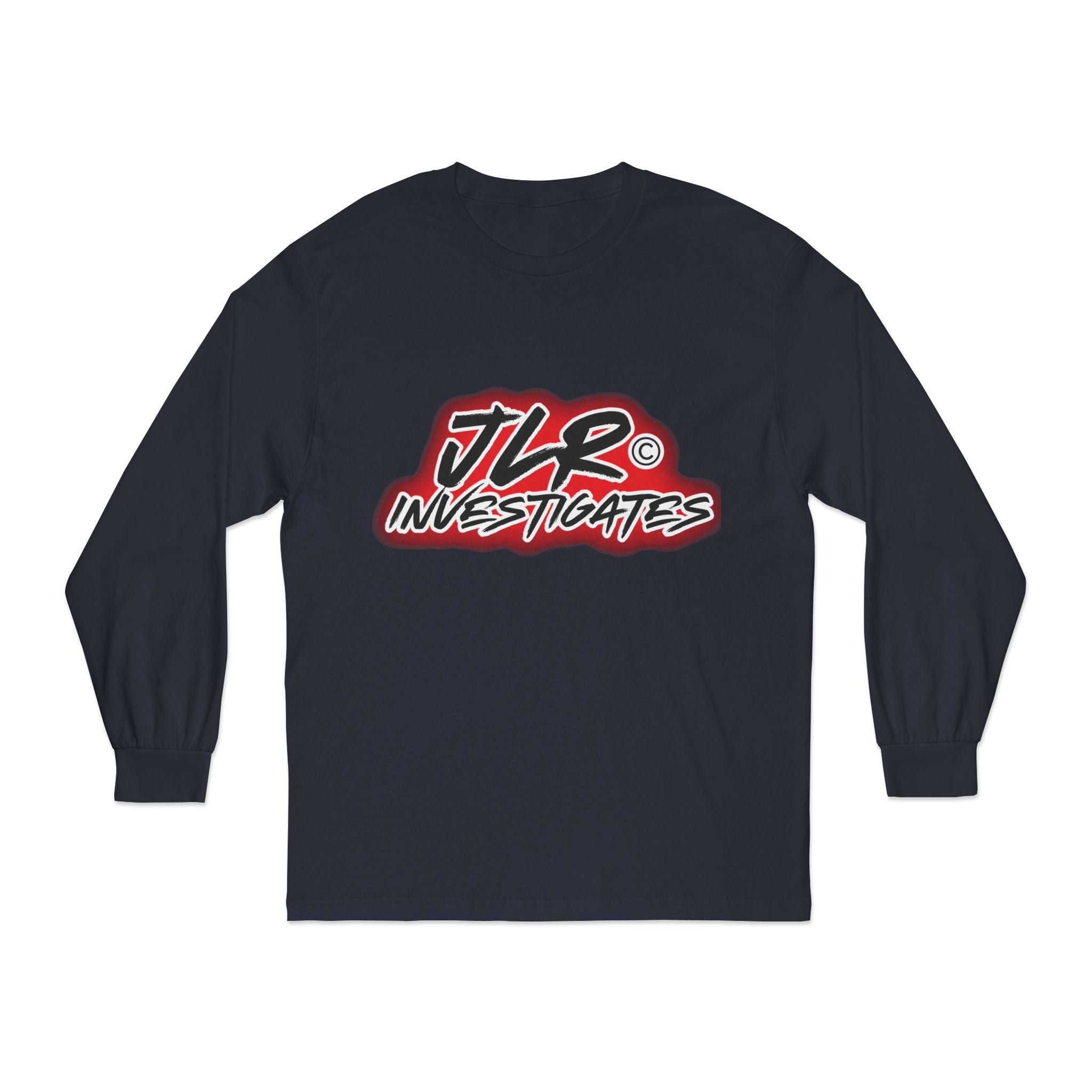 Navy long sleeve unisex t-shirt featuring bold 'JLR© Investigates' graffiti-style logo in red, white, and black/