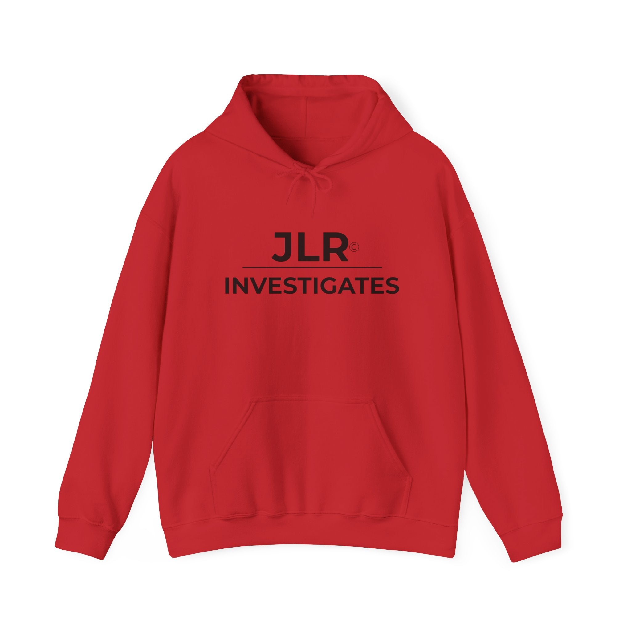 Red pullover hoodie with JLR Investigates logo in black