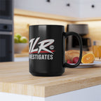 JLR© Investigates white-and-red logo printed on a black 15 oz ceramic mug.