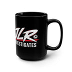 Black 15 oz JLR© Bold Logo Mug with a white-and-red JLR© Investigates design.
