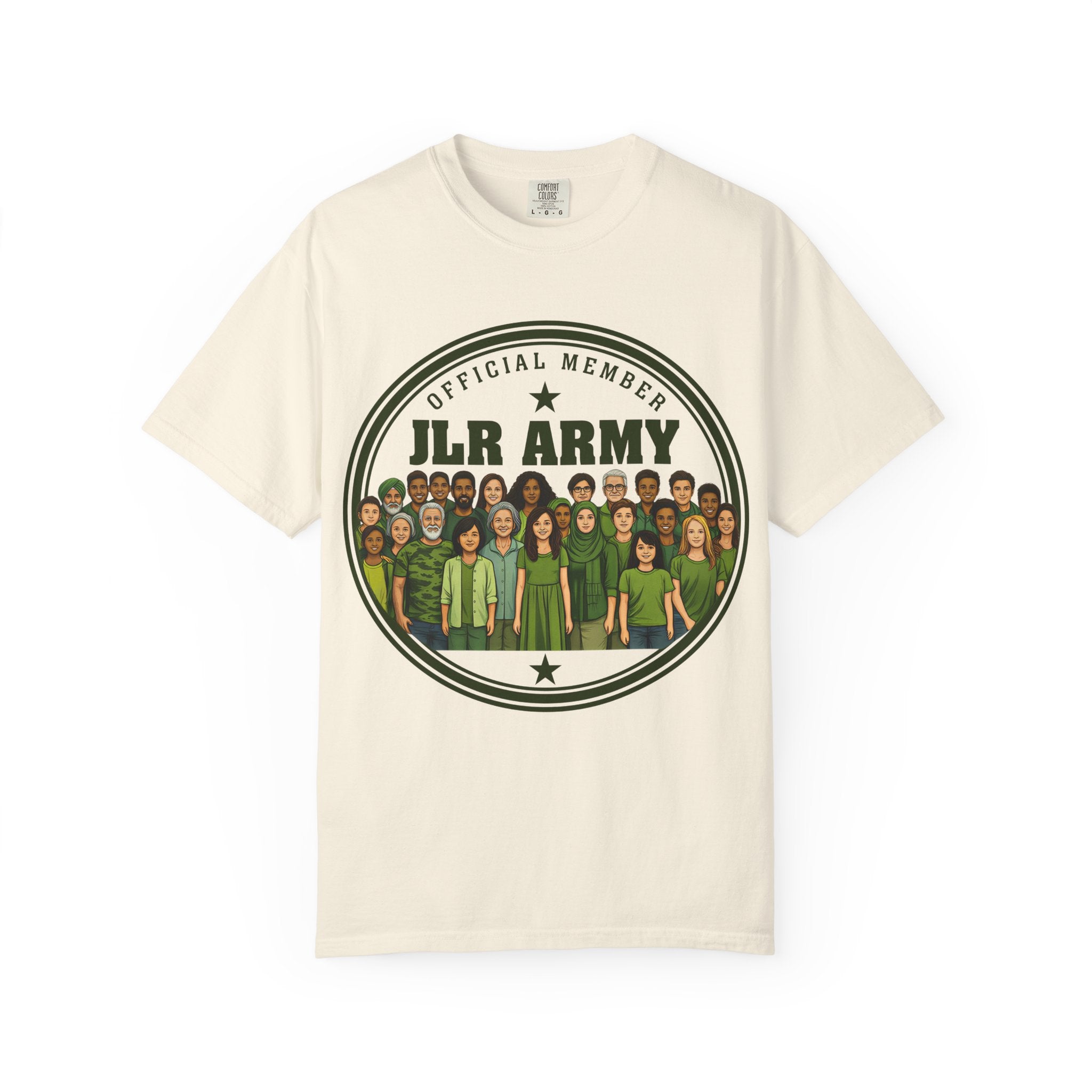 Beige t-shirt with 'JLR Army' graphic featuring a circle of people on a white background