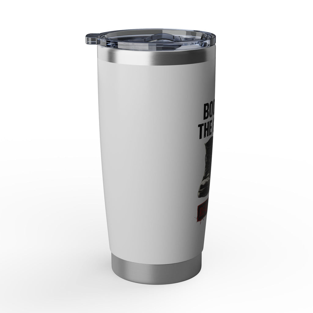 Boots on the Grounds white 20 oz insulated tumbler, side view