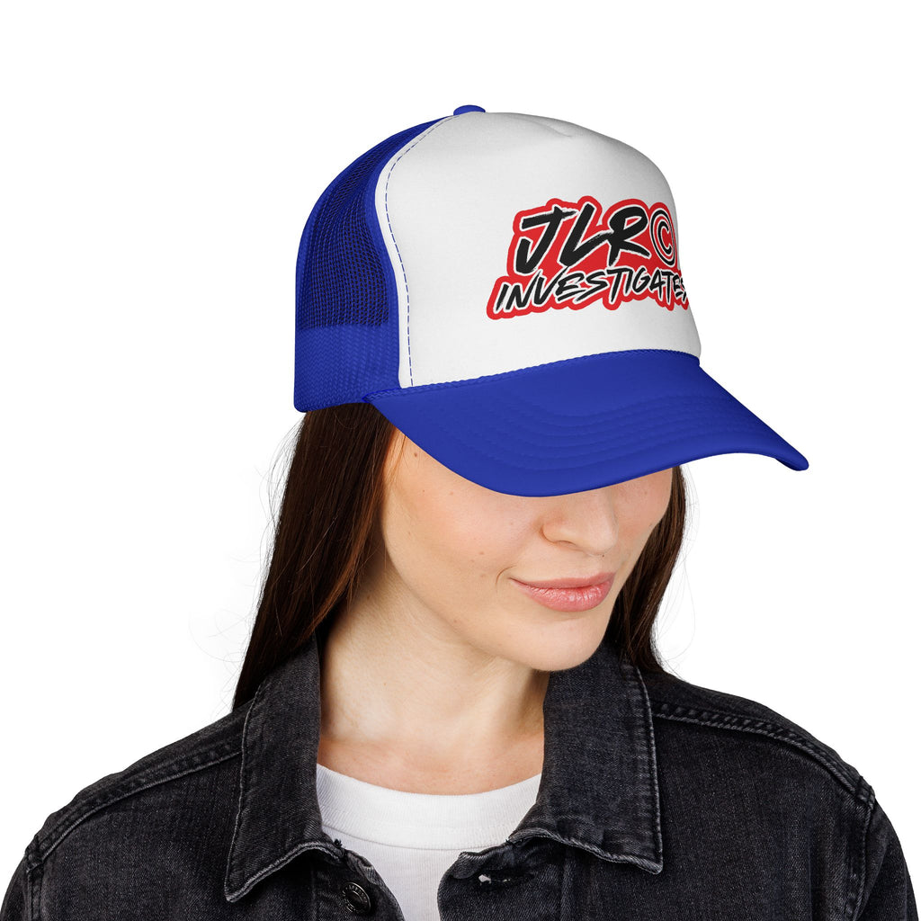 Trucker Cap — "JLR© Investigates" Retro Mesh Hat (Red, White & Blue)