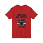 Red unisex t-shirt with bold black graphic reading 'Boots on the Ground' featuring a boot graphic and JLR Investigates branding