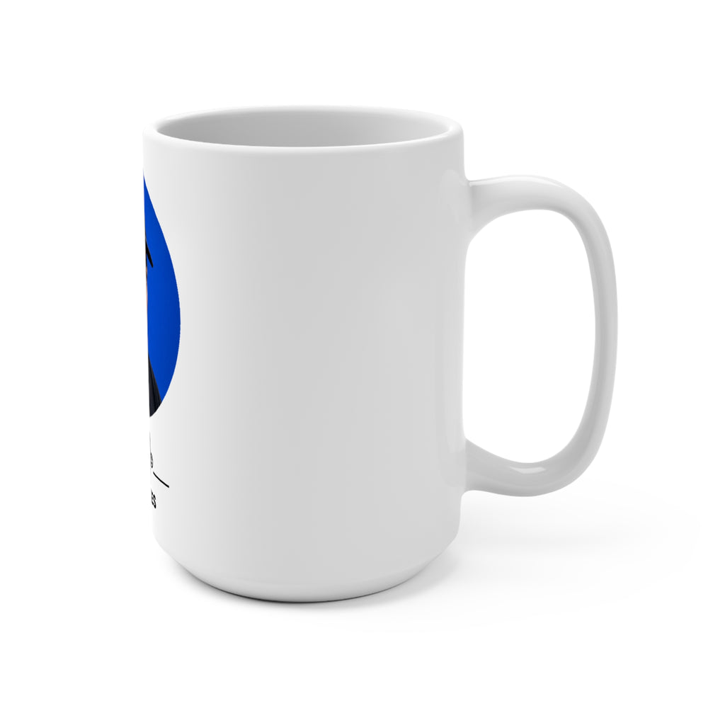 Side view of a white 15 oz JLR© Investigates photo mug showing the blue portrait graphic and handle