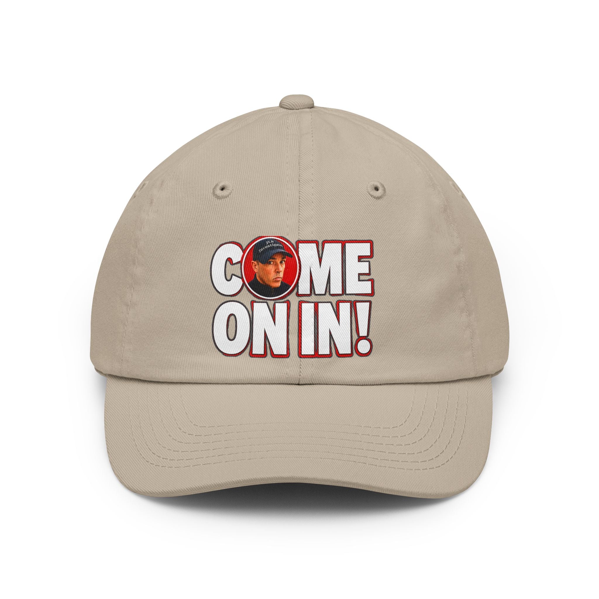 Come On In! JLR© Investigates Dad Hat in Stone with bold graphic print on front panel