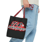 Person holding a black tote bag with 'JLR Investigates' logo.