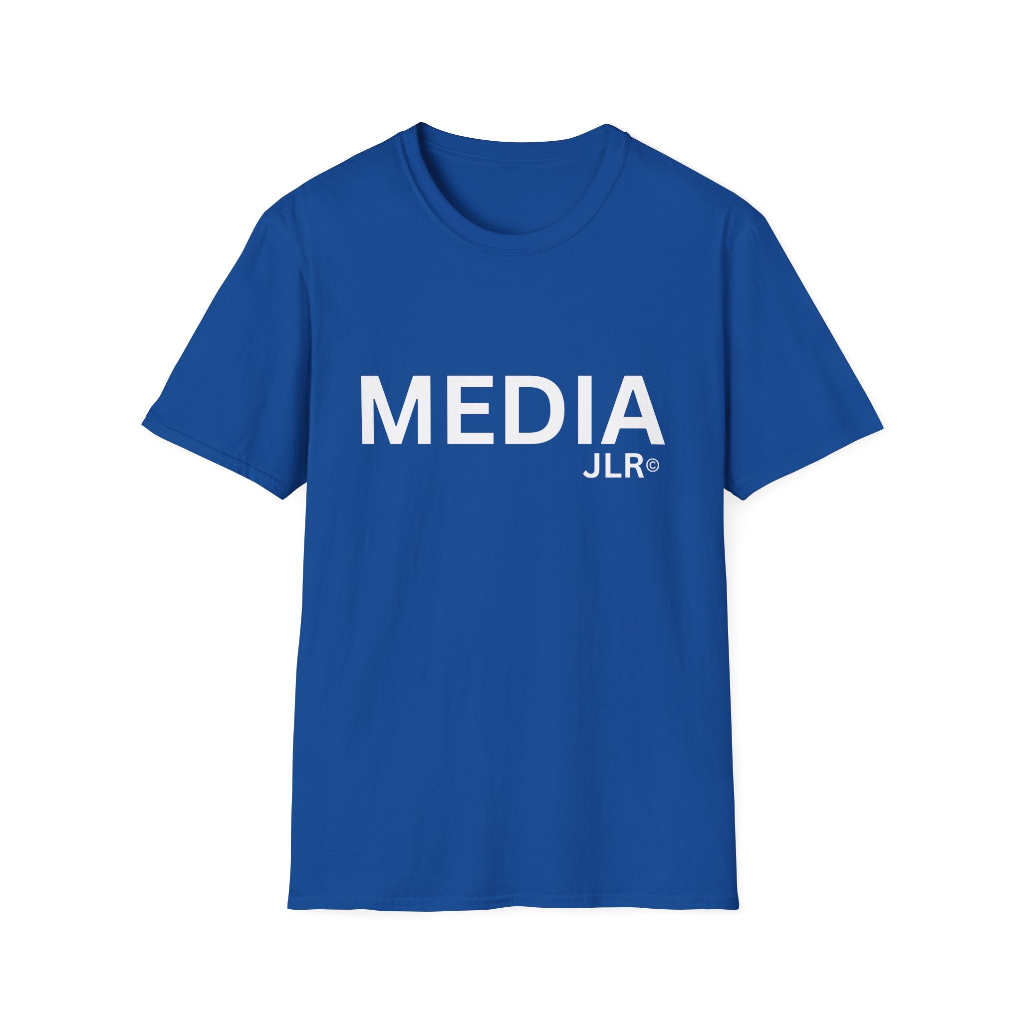 Royal blue unisex t-shirt with bold white text reading 'MEDIA JLR' — JLR Investigates apparel