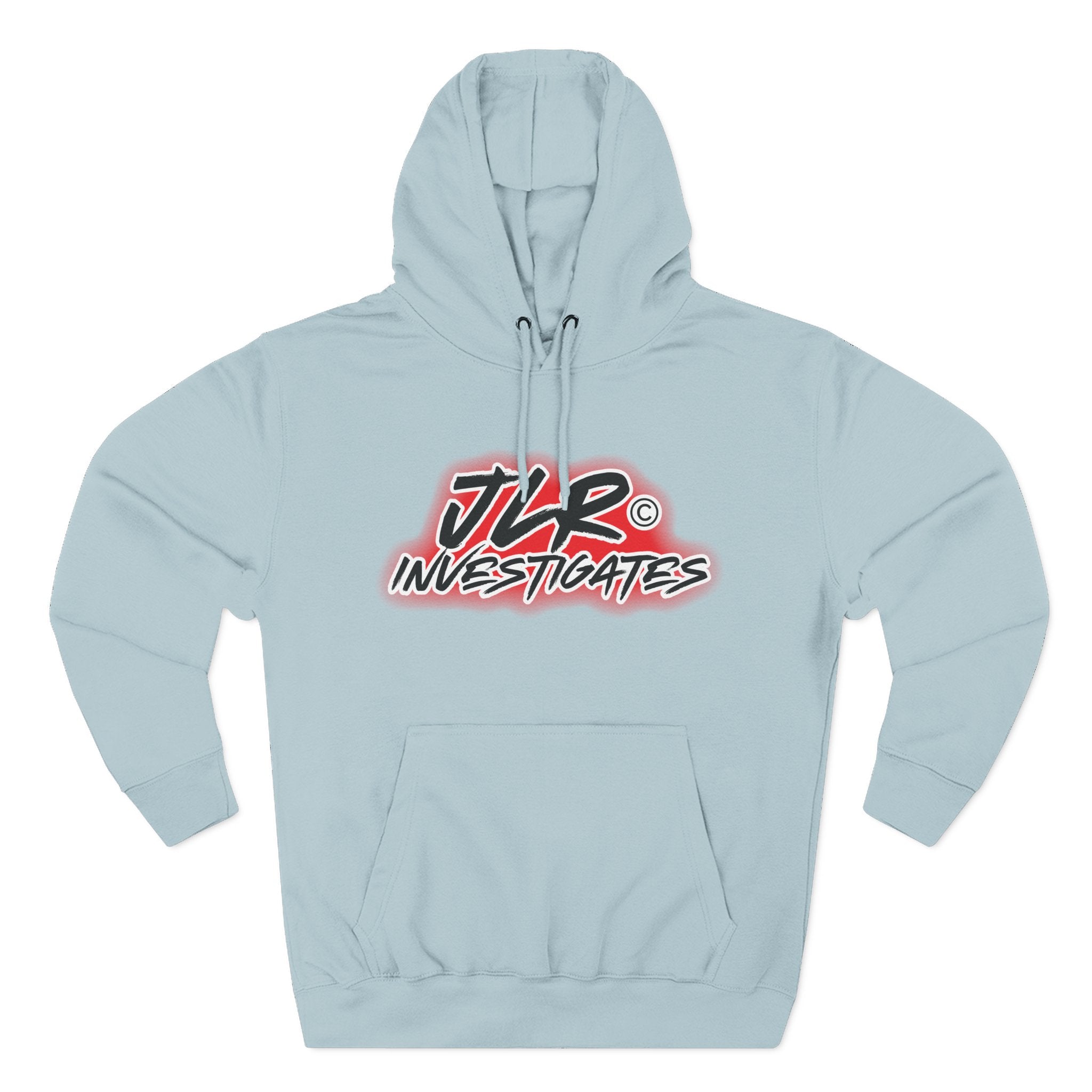 JLR© Bold Logo Hoodie in Blue Mist— graffiti-style JLR Investigates graphic on a pullover hoodie with kangaroo pocket and adjustable drawstring hood