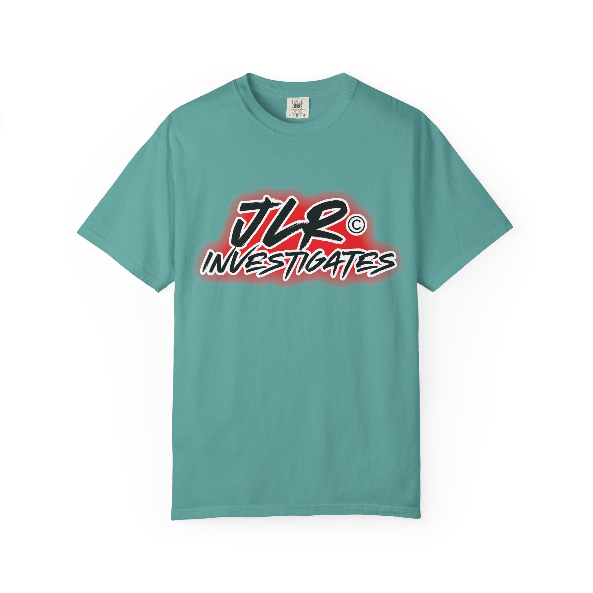 JLR© Investigates graphic t-shirt in Seafoam — bold red and white logo on premium unisex tee