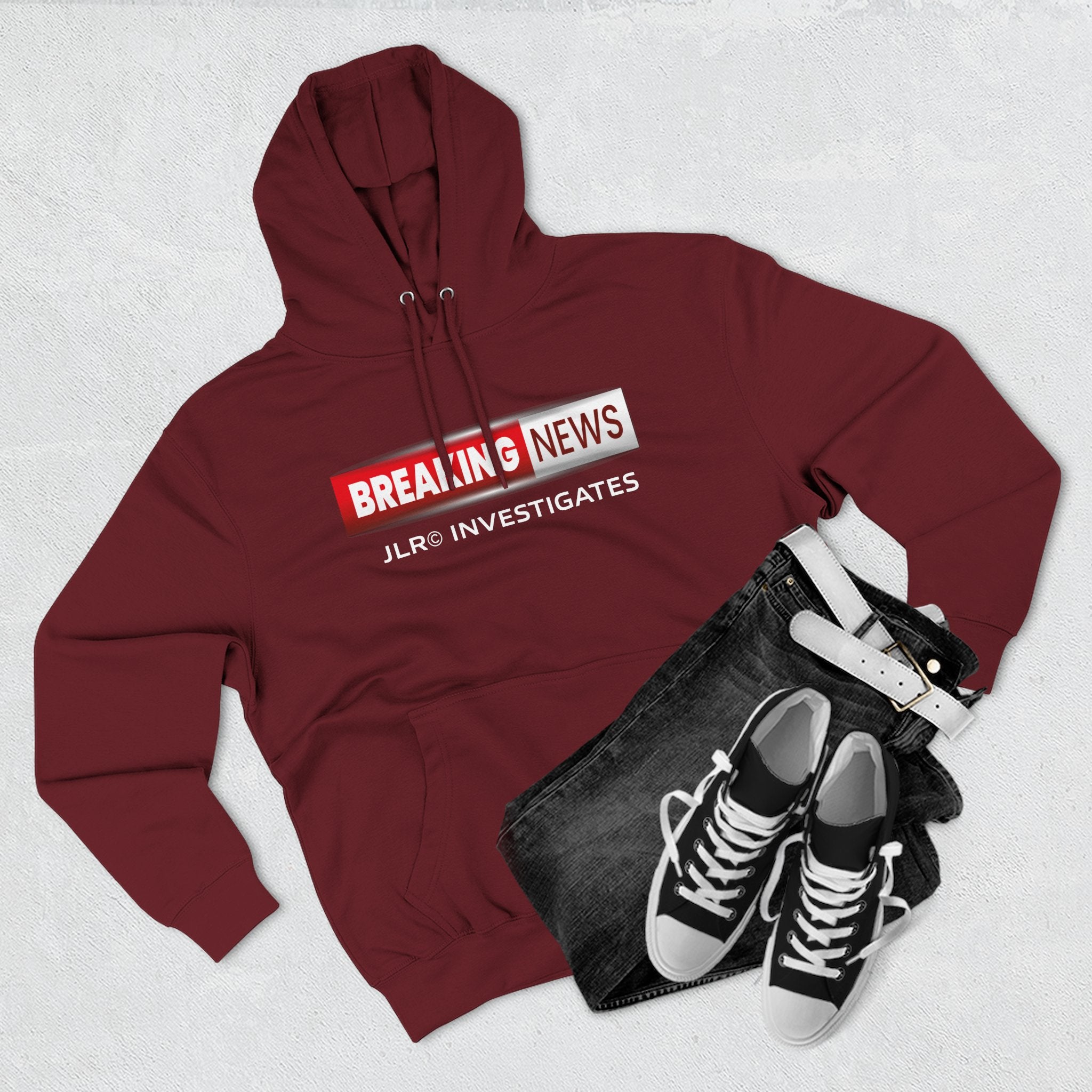 Breaking News Hoodie — "JLR© Investigates" Graphic Pullover