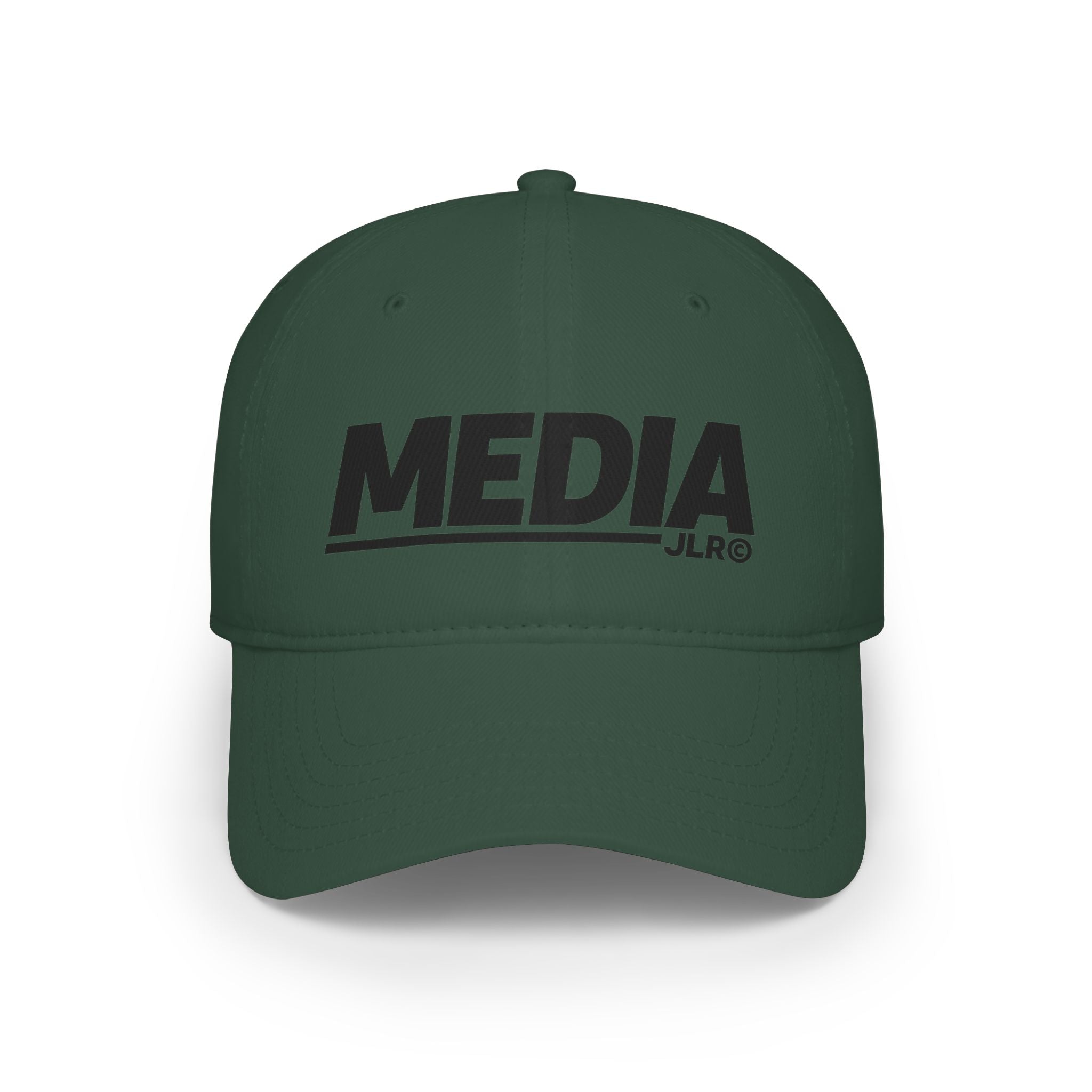 Media baseball cap in dark green with bold black MEDIA logo, front view — JLR Investigates