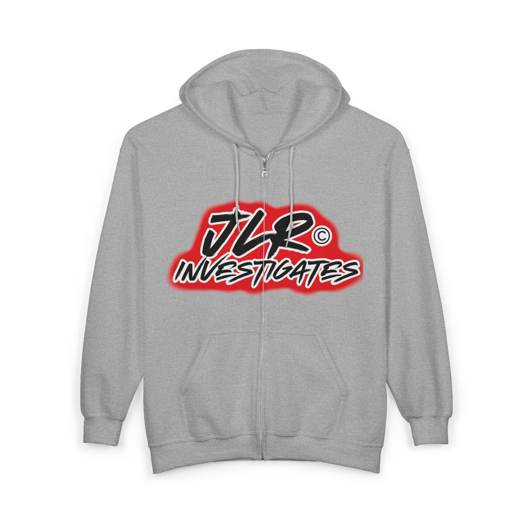 JLR© Investigates Sport Grey zip-up hoodie with bold red and white logo graphic on chest — front view