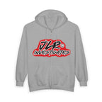 JLR© Investigates Sport Grey zip-up hoodie with bold red and white logo graphic on chest — front view