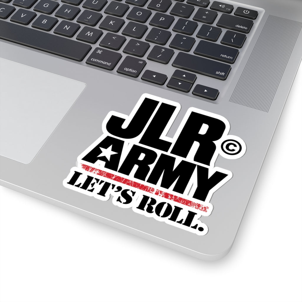 4 × 4 inch JLR© Army “LET’S ROLL.” vinyl sticker with white border on a silver laptop.