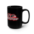 JLR Investigates branded 15oz black ceramic mug with bold red and white logo — JLR Investigates