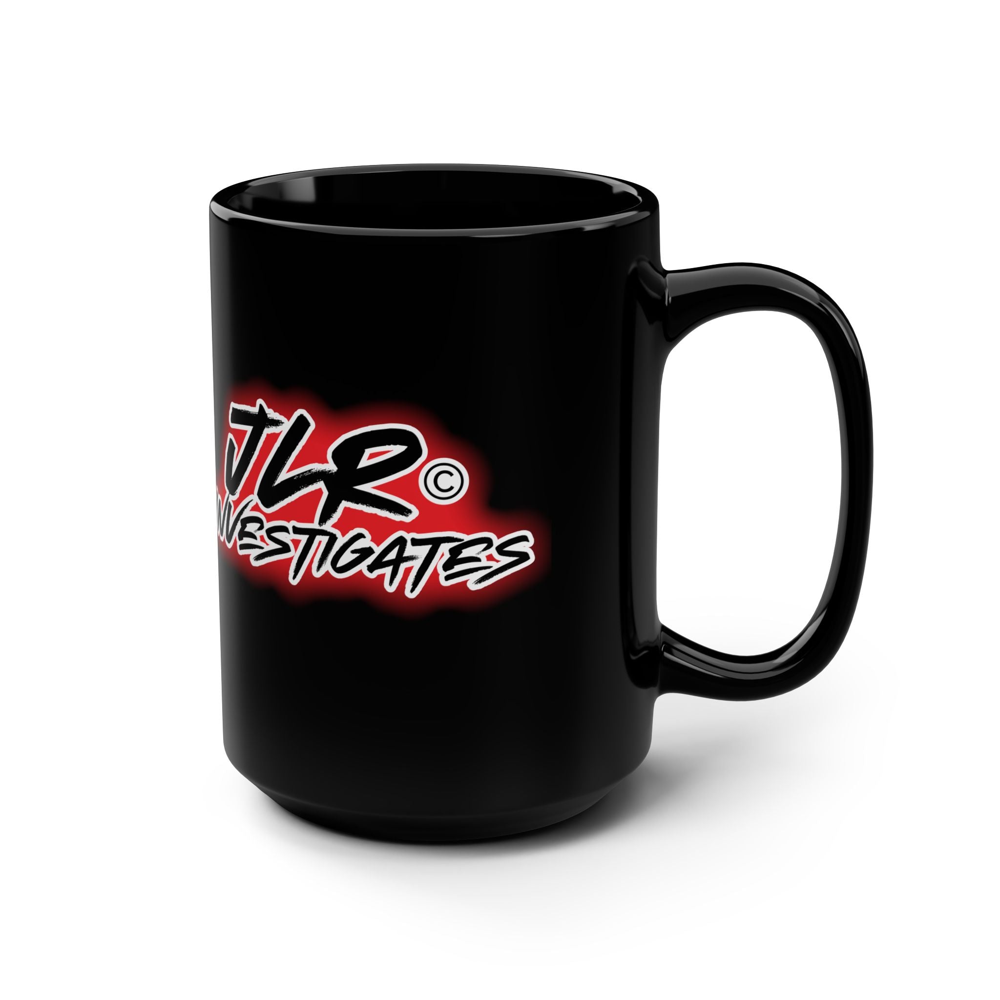 JLR Investigates branded 15oz black ceramic mug with bold red and white logo — JLR Investigates
