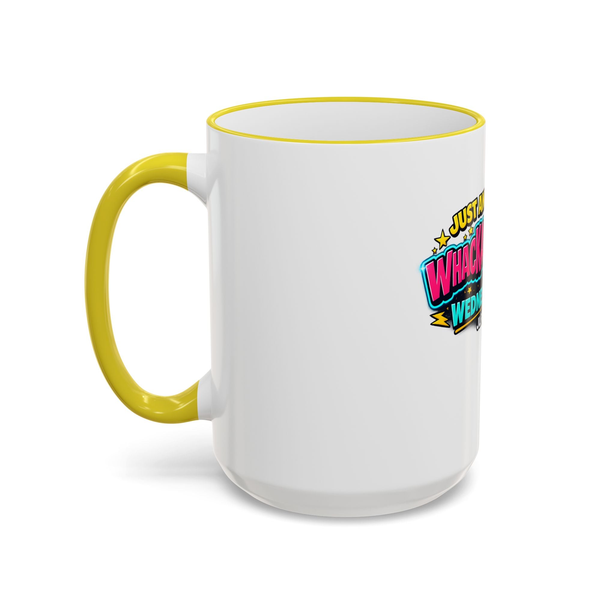 Whackadoodle Wednesday 15oz white ceramic coffee mug with yellow rim and handle and bold graphic print — JLR Investigates