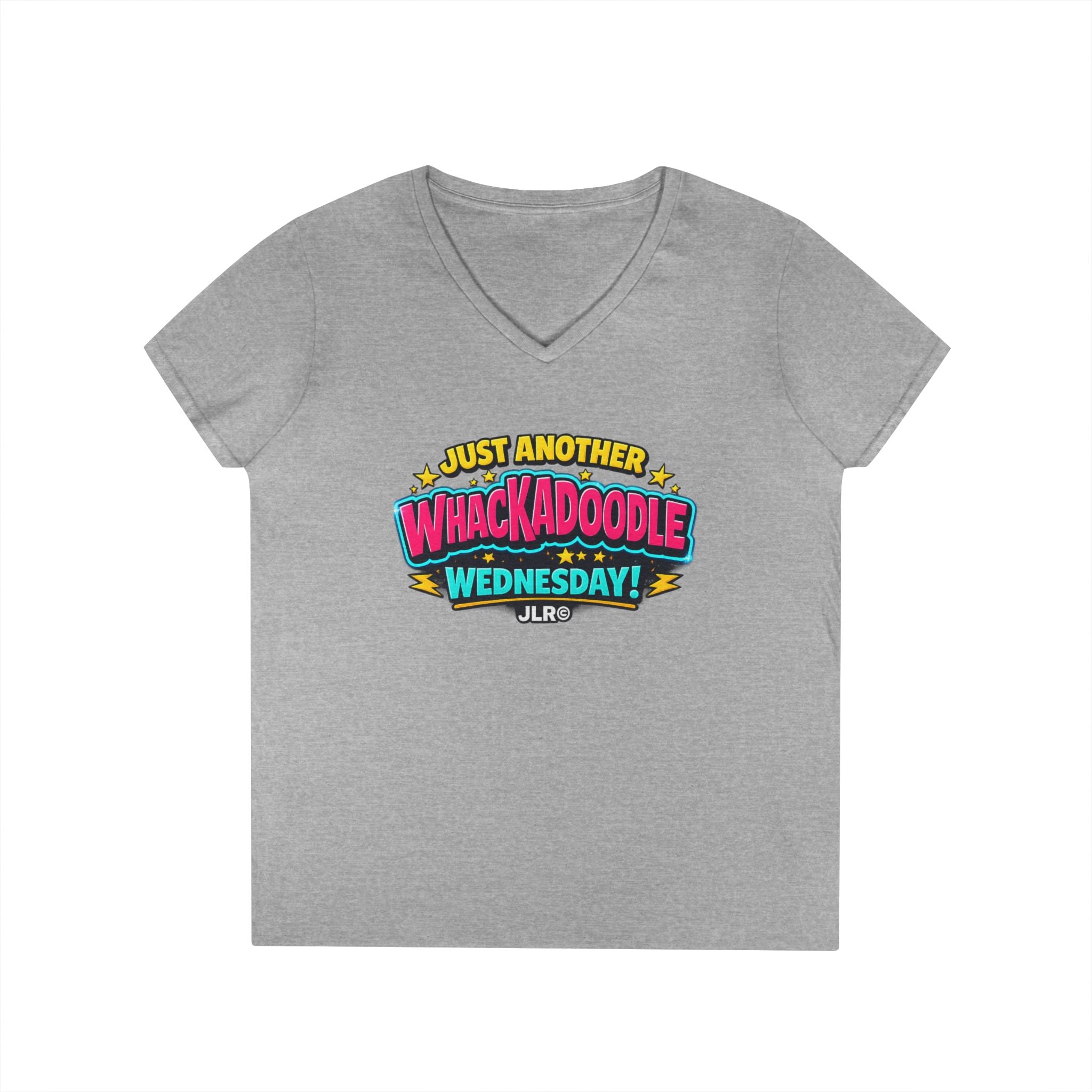 Whackadoodle Wednesday V-Neck T-Shirt in Sport Grey with retro graphic print – JLR© Investigates