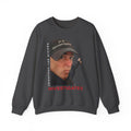 Dark grey unisex crewneck sweatshirt featuring a photo of Jonathan Lee Riches wearing a JLR Investigates cap, with 'Jonathan Lee Riches' in vertical text and 'INVESTIGATES' in bold red lettering on the front