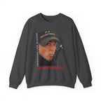 Dark grey unisex crewneck sweatshirt featuring a photo of Jonathan Lee Riches wearing a JLR Investigates cap, with 'Jonathan Lee Riches' in vertical text and 'INVESTIGATES' in bold red lettering on the front