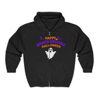 Whackadoodle Halloween Full-Zip Hoodie in Black — front view with Happy Halloween ghost graphic