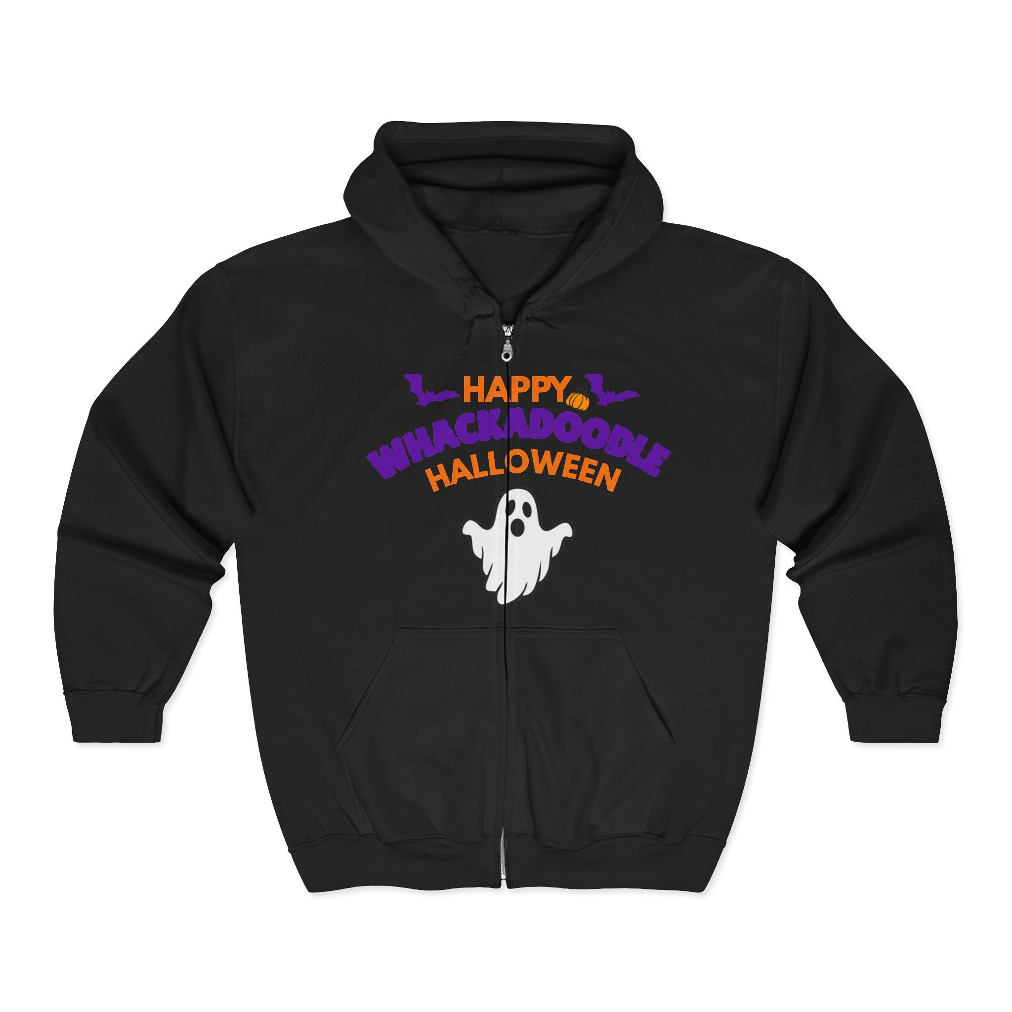Whackadoodle Halloween Full-Zip Hoodie in Black — front view with Happy Halloween ghost graphic