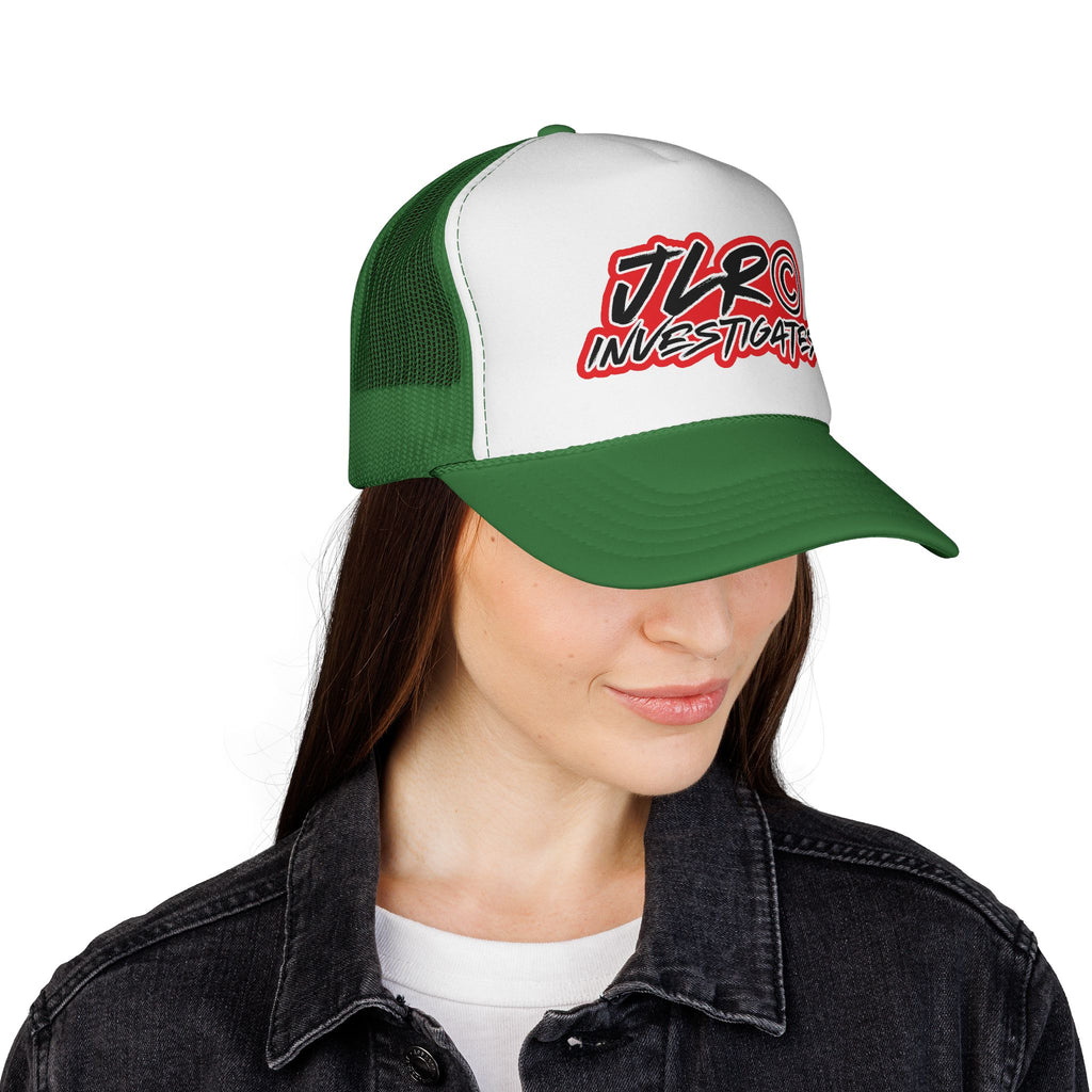 Trucker Cap — "JLR© Investigates" Retro Mesh Hat (Red, White & Blue)