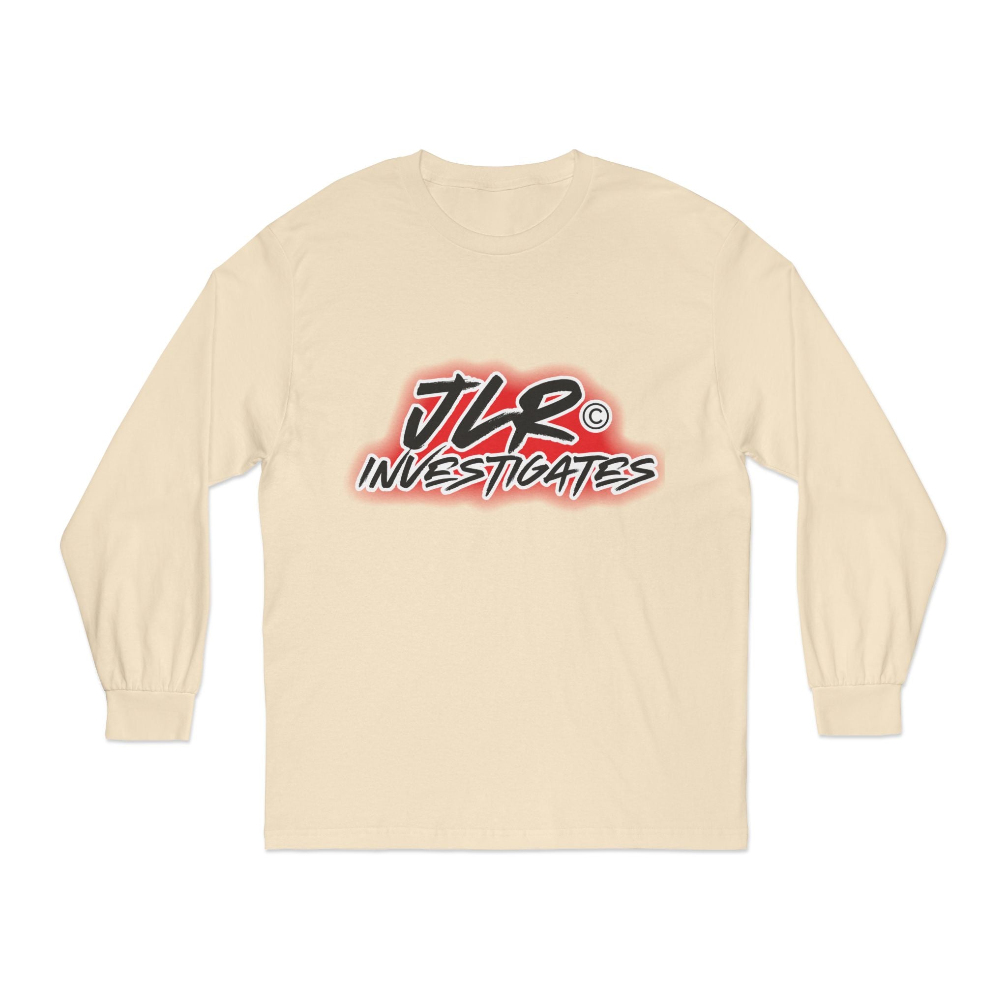 Sand long sleeve unisex t-shirt featuring bold 'JLR© Investigates' graffiti-style logo in red, white, and black.