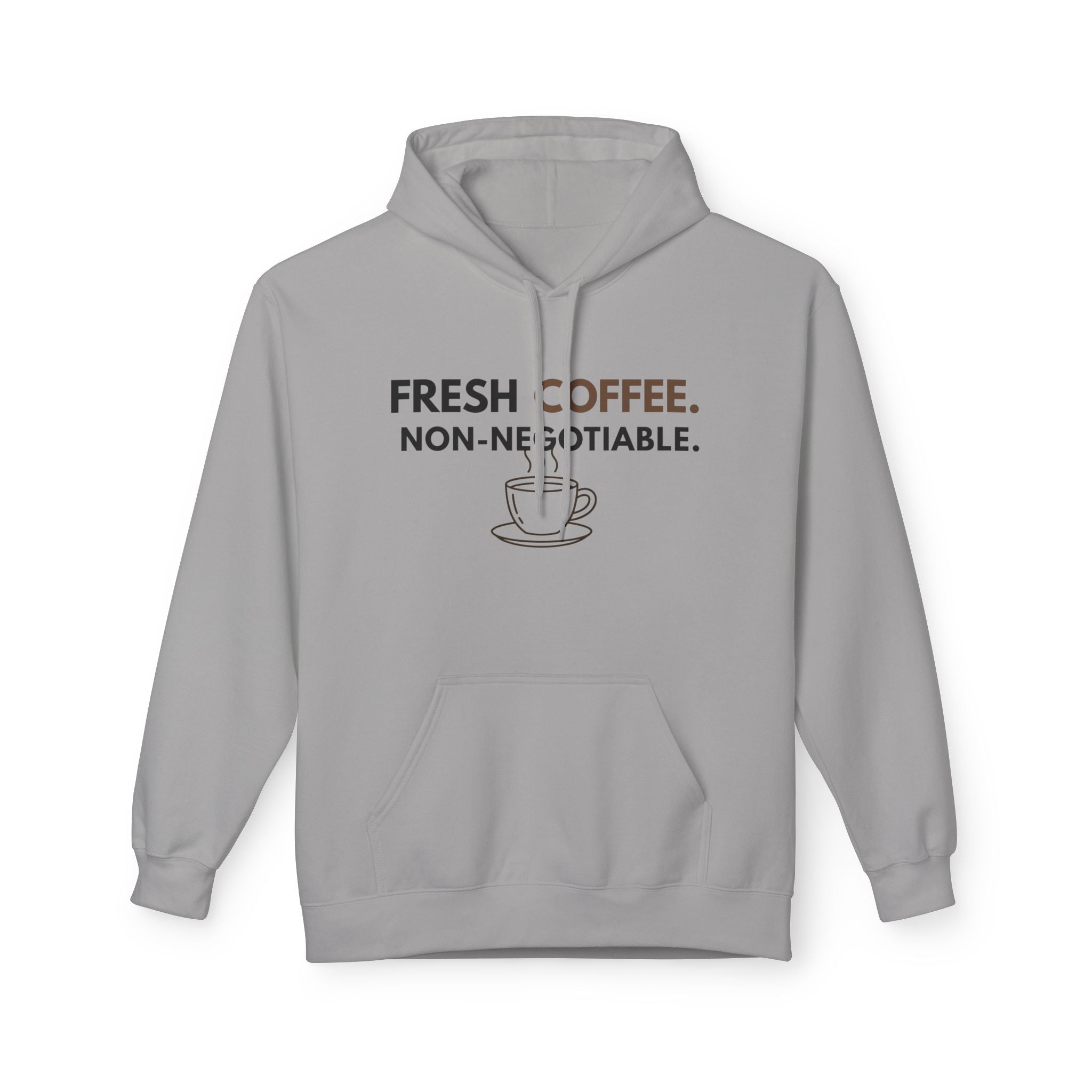 Fresh Coffee Hoodie – JLR© Investigates, gray, FRESH COFFEE NON-NEGOTIABLE graphic, flat lay