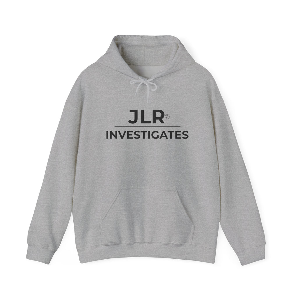 Sport grey pullover hoodie with JLR Investigates logo in black