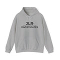 Sport grey pullover hoodie with JLR Investigates logo in black