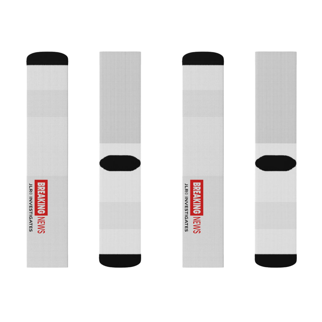 Breaking News Sublimation Socks — Novelty Crew Socks with "BREAKING NEWS: JLR© Investigates" Design