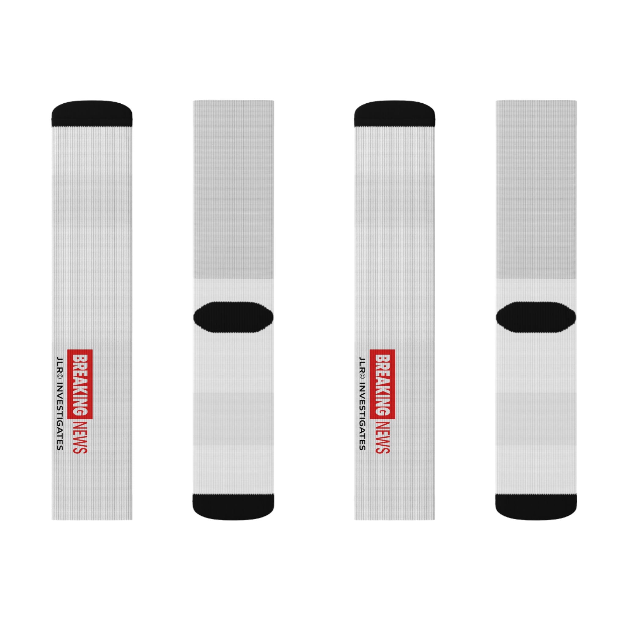 Breaking News Sublimation Socks — Novelty Crew Socks with "BREAKING NEWS: JLR© Investigates" Design