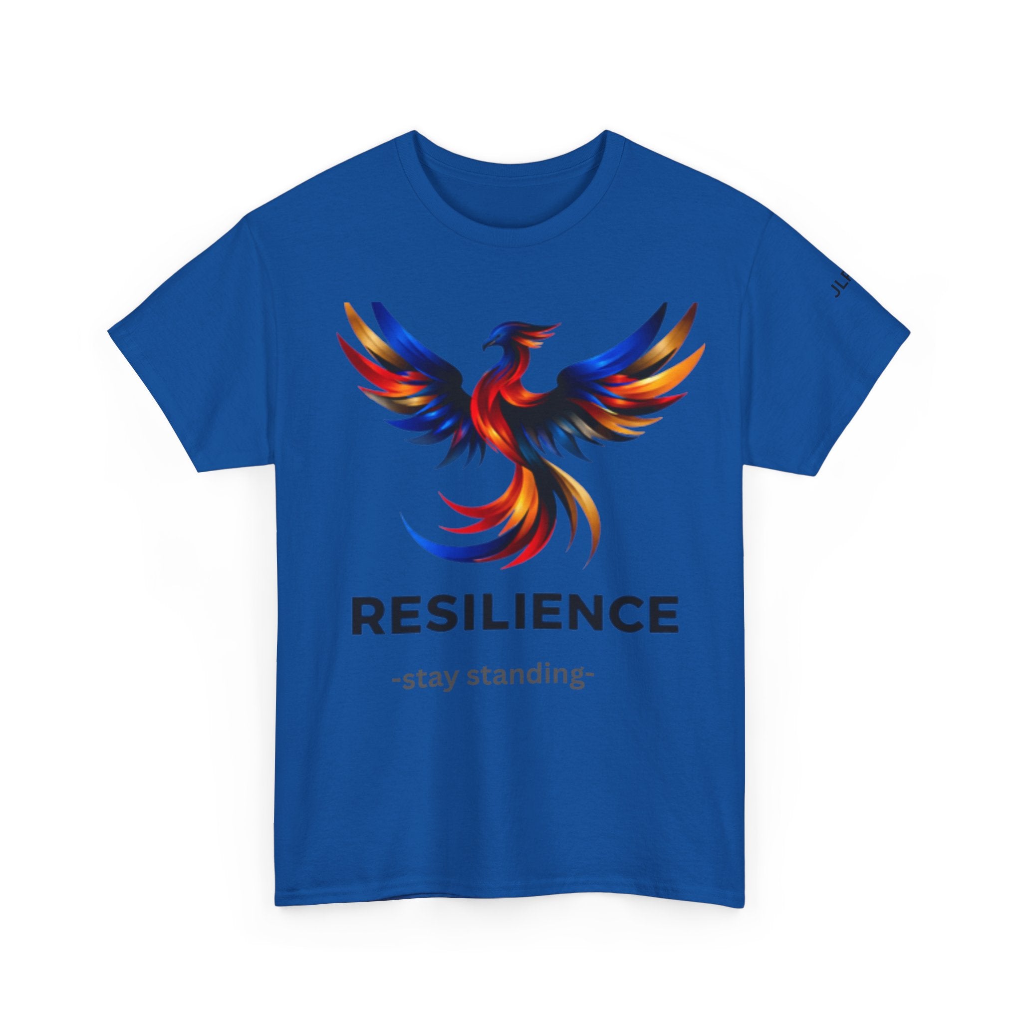 Royal blue unisex t-shirt featuring a bold multicolor phoenix rising graphic with the word RESILIENCE and tagline 'Stay Standing' — JLR Investigates apparel