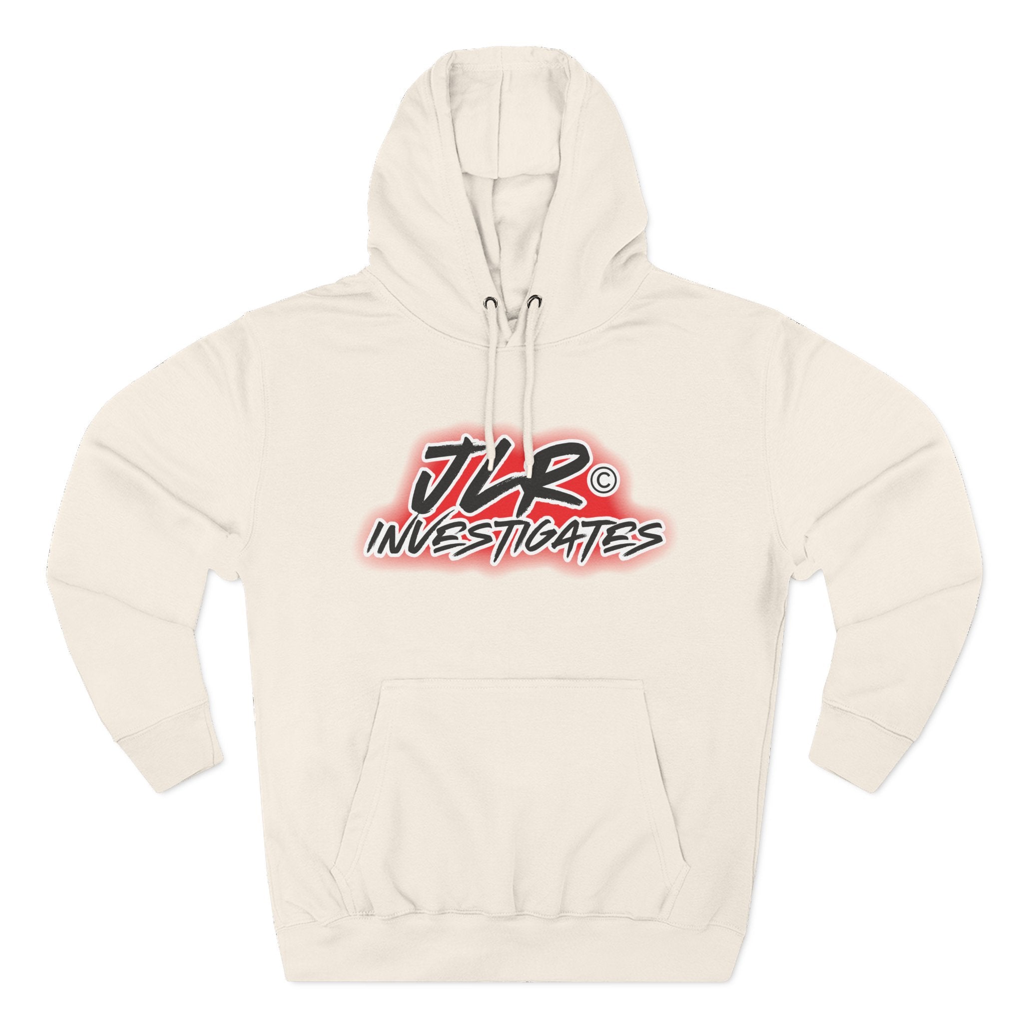 JLR© Bold Logo Hoodie in Sandshell color — graffiti-style JLR Investigates graphic on a pullover hoodie with kangaroo pocket and adjustable drawstring hood