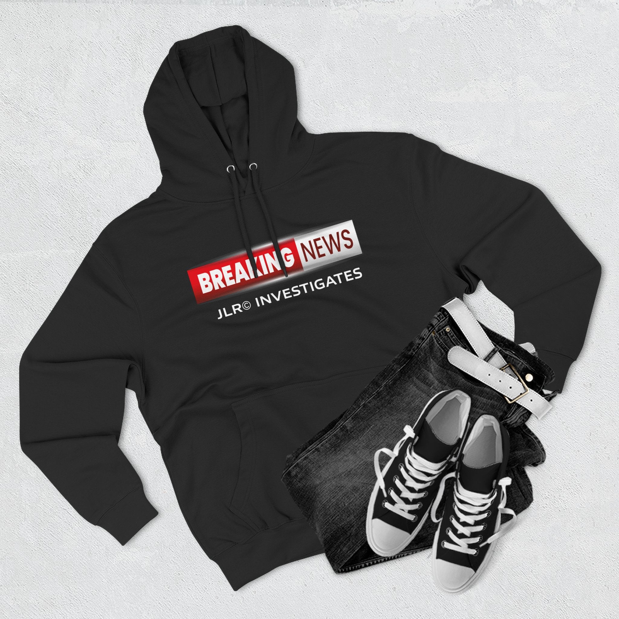 Breaking News Hoodie — "JLR© Investigates" Graphic Pullover