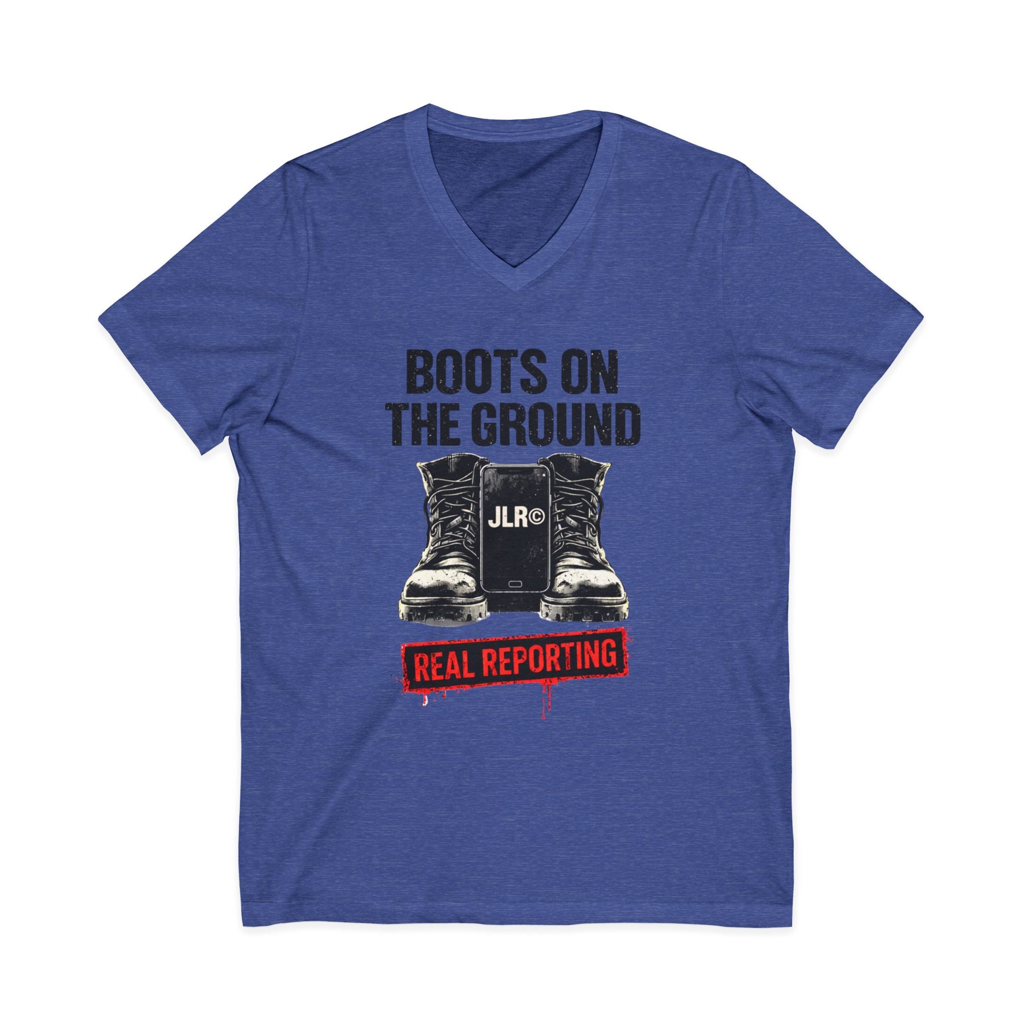 Blue t-shirt with graphic design and text on a white background